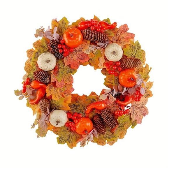 Autumn Pumpkin Berry Wreath - Classic Fall Wall Hanging with Maple Leaves - Picture 4 of 7